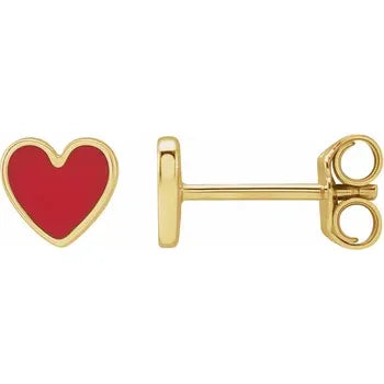 14k Red Enamel Heart Studs