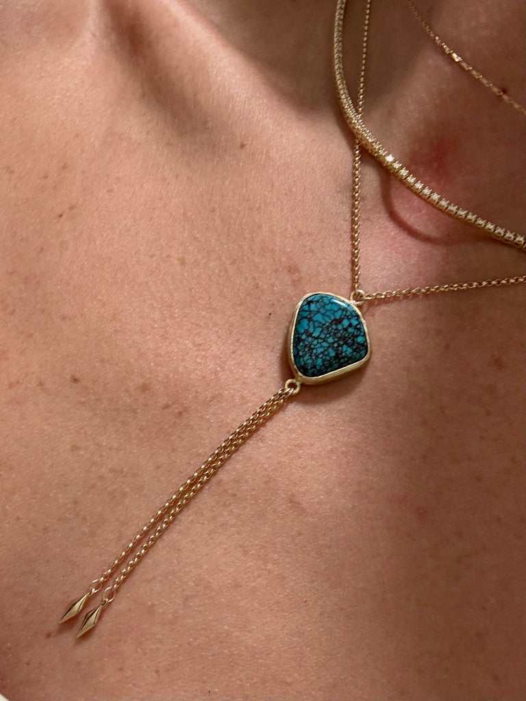 Turquoise Custom 14k Gold Bezel-Set Bolo Necklace