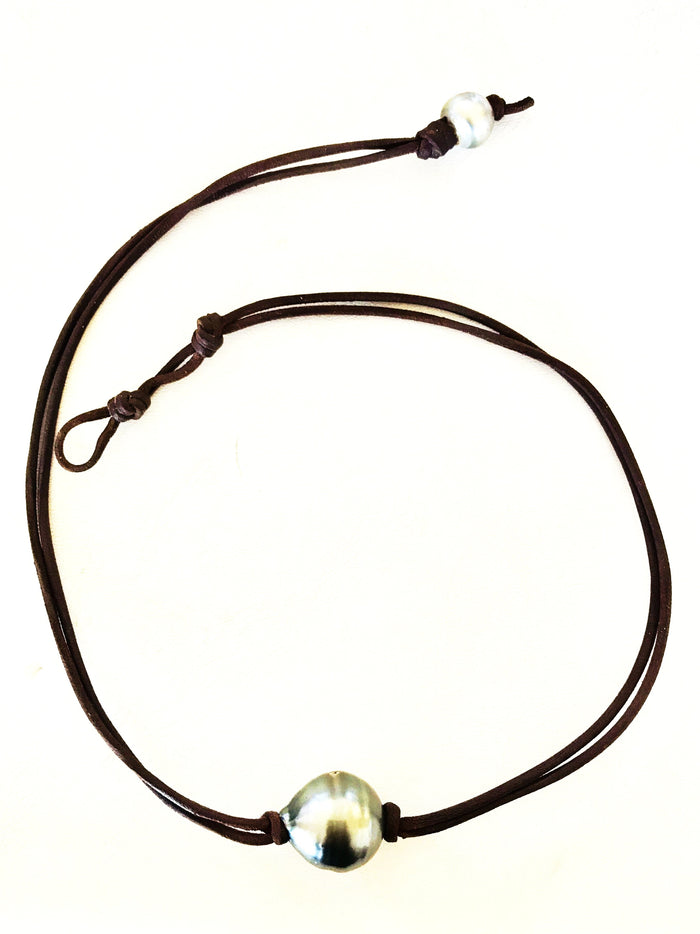 Single Tahitian Pearl & Leather Necklace